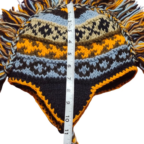 Handmade Wool Mohawk Beanie Hat with Tassels and Ear Flaps Made in Nepal - Picture 8 of 9